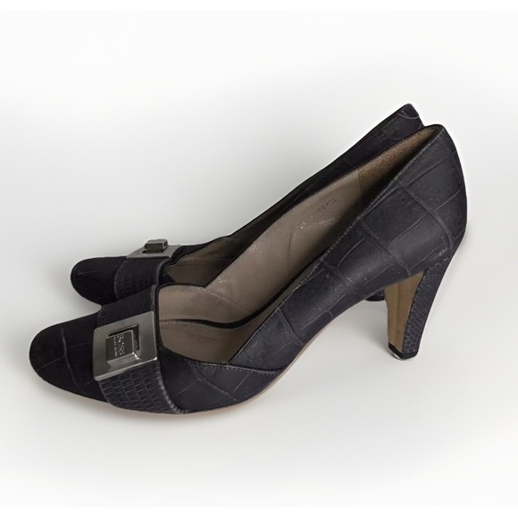 HUGO‎ BOSS Pumps Womens 5,5-6 Buckle Croc Embossed Leather Divas Classic Career - Picture 1 of 13